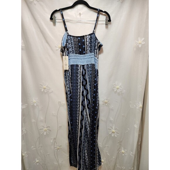 No Boundaries Womens M Blue Babydoll Jumpsuit Open Legs Boho Crochet Tribal Y2K - Picture 16 of 16